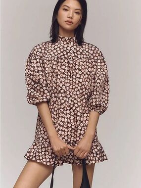 Anthropologie Brown and Cream Star-Print Mini Dress
